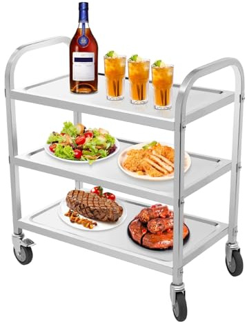 Mqwdxzfes 3-Etagen Edelstahl Servierwagen, Gastro-Rollwagen Kuchenwagen mit 4 Bremsrädern, Outdoor Rollwagen Multifunktions-Rollcontainer, 3-Etagen Lagerwagen für Küche/Restaurant, 75x40x83,5 cm