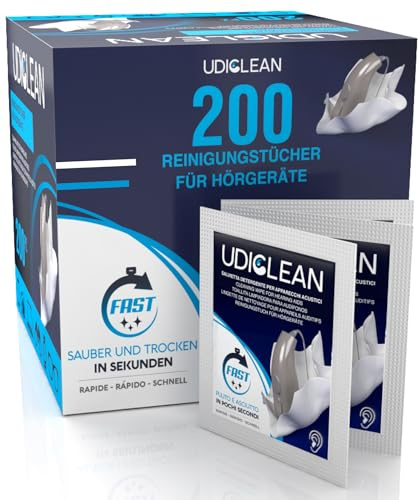 200 Hörgeräte-Reinigungstücher - Udiclean Hörgeräte-Reinigungstücher - einzeln verpackt - entfernt Fett Schweiß Schmutz - schnelltrocknende Reinigung