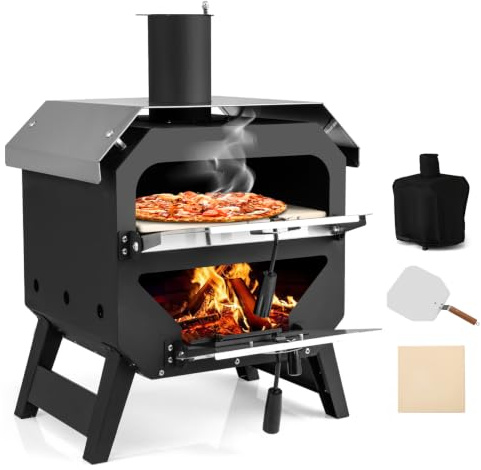 TANGZON Outdoor Pizza Oven, Wood Fired Pizza Cooker with Pizza Peel | 2 Tier Garden BBQ Oven with Steel Roof, Pizza Stone, Cover, Viewing Window and 43 x 45 x 61 cm Portable Body for Camping