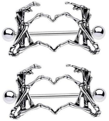 Zynova 14G Skeleton Hand Heart Nipple Rings for Women Gothic 316L Surgical Steel Nipple Barbell Dark Style Nipple Piercing Jewelry for Halloween