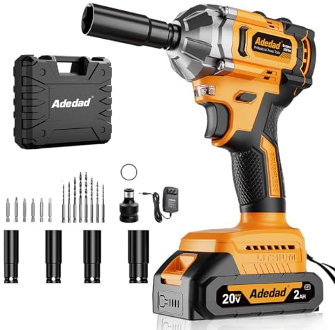 Adedad Brushless Impact Wrench 3-in-1 500N.m(369Ft-lbs) Torque Wrench 1/2 Drive with 2.0Ah Battery, 8 Drill Bits, 6 Screwdriver Bits, 4 Sockets, Cordless Impact Gun for automotive Repair and DIY