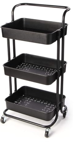 3-Tier Storage Trolley on Wheels | Makeup Storage | Cleaning Trolley | Shelves Unit | Utility Cart | Cleaning Caddy | Rolling Cart | Bathroom Shelving | Ideal for Kitchen, Bathroom, Utility (Black)