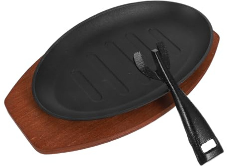 COLLBATH Plancha De Hierro Fundido Sartén Para Bistec Para Asar Para Estufa Plato Chisporroteante Placa De Hierro De Filete Occidental Bandeja De Madera Negro