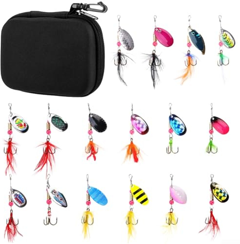 Juego de cebo giratorio de pesca de 16 piezas con spinners de metal compuesto que giran 360 grados, peso de latón para un corte más rápido del agua y ganchos ABS para uso en exteriores para pesca