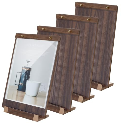 FREEBLOSS Lot de 4 porte Affiche en Acrylique avec Base en Bois 9x13 présentoirs de Table pour Commerces et Magasins Support Transparent pour Menus Cafés Bars et Mariages.