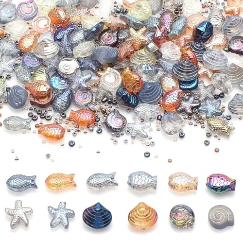 UNOZAVER 550 Stück Glasperlen Set zum Auffädeln – Bunte Ozean Muschel Fisch Seestern Bastelperlen für Schmuckherstellung DIY Halsketten Armbänder Ohrringe Dekor (12-15mm)