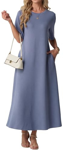 GRECERELLE Women Dresses Crew Neck Short Sleeve Loose Maxi Dress with Pockets Ladies Casual Dresses A Line Elegant for Summer Spring Party Weddings Holidays