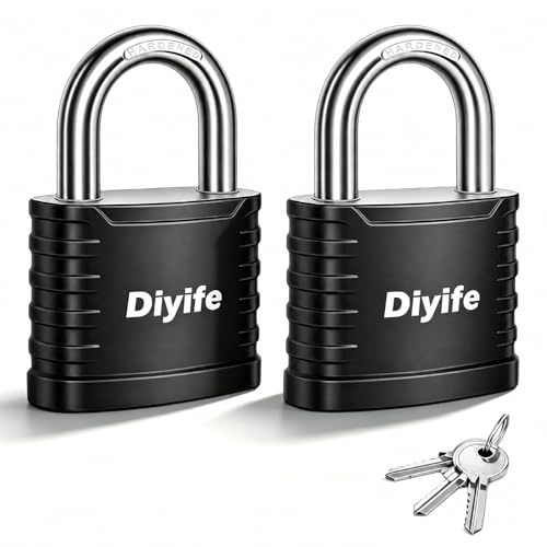 Padlock with Key, [2 Pack] [3 Keys] Diyife 5-Pin 41.6mm High Security Padlock with Hardened Steel Shackle - Keyed Alike, Black Vinyl Coated, for Gate, Shed, Gym Locker, Toolbox, Fence, Storage Unit