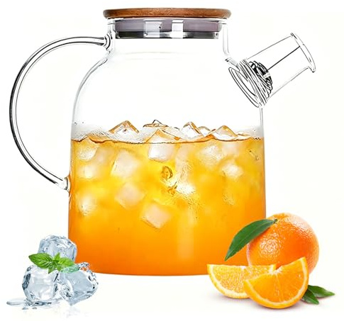 Tetera con filtro extraíble, 1800 ml, tetera de cristal con tapa de madera, jarra de cristal transparente de borosilicato resistente al calor, diseño de tetera para té, té de flores, zumo de bebidas