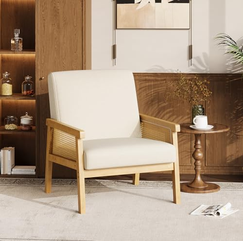 RBFGYIOP Sessel Loungesessel Cocktailsessel Mit Rattan-Armlehnen Und Holzgestell, Bequemer Lesesessel Relaxsessel Aus Leinen, Moderner Polstersessel Für Wohnzimmer Schlafzimmer, Beige