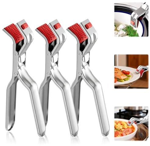 3Pcs Stainless Steel Hot Plate Gripper Tongs, Multi-Function Anti-Scald Bowl Clip, Kitchen Silicone Anti-Slip Heat Insulation Pplate Gripper, for Microwave, Pizza Pan, Toaster, Air Fryer, Oven