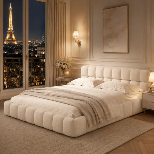 LIVLUX Lit Bubble 140x190 cm,Lit Capitonné avec Sommier à Lattes,Lin
