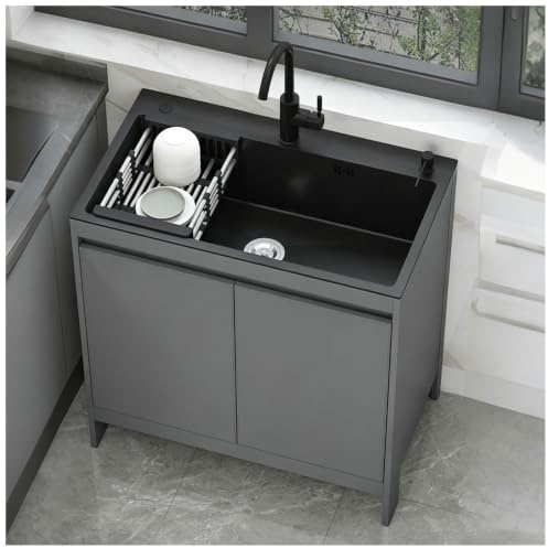 Lavello Utility Autoportante in Acciaio Inox con Rubinetto Caldo/Freddo, Dosatore di Sapone e Cestino Estraibile, Mobile Lavello da Cucina Multifunzionale per Garage, Lavanderia