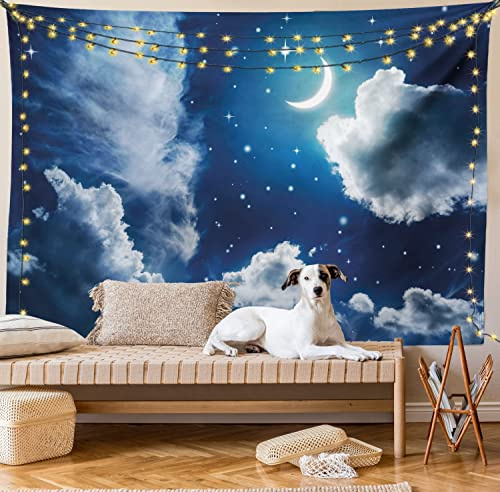 Lunarable Night Sky Tapestry, Cartoon Themed Clouds Alluring Moon Lunar Image, Fabric Wall Hanging Decor for Bedroom Living Room Dorm, 45 X 30, Dark Blue and White