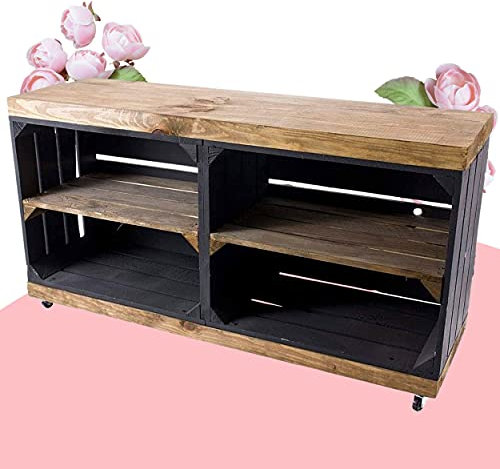 Kontorei TV-Schrank aus Regalkisten schwarz und „Used“ auf Rollen 100cm x30cm x50cm 1er Set Fernsehtisch Black braun klassisch Kiefernholz Obstkisten Weinkiste Box Fernsehregal Mehrzweck Wohnzimmer