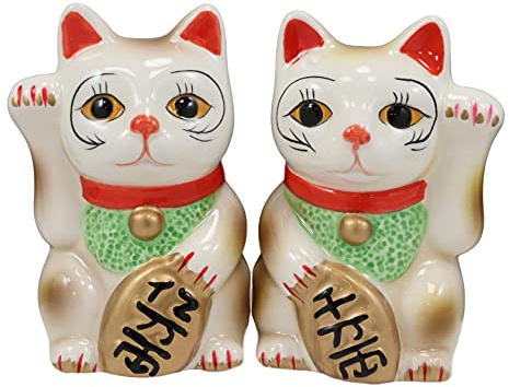 Ebros Gift Ensemble de salière et poivrière en céramique japonaise Maneki Neko - 8,9 cm de haut - Comptoir de cuisine et table de salle à manger