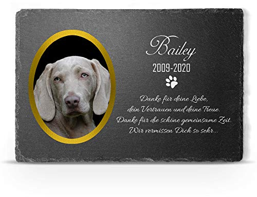 TULLUN Individueller Personalisiert Tiergrabstein Schiefer Gedenkstein für Hund, Katze und andere Haustiere - Größe 20 x 30 cm - Personalisiert Text und Ovales Foto