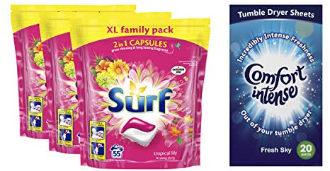 Surf Tropical Lily Washing Detergent Laundry Capsules 9 month supply 165 washes and FREE Comfort Tumble Dryer Sheets