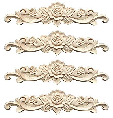 Zasiene Holzornamente 4 Stücke Holzornamente für Möbel Holzschnitzerei Applique Ornament Holz Möbel Wanddeko Holz,30 * 7cm