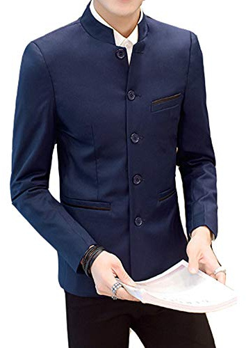 Abito da Uomo Tunica Cinese con Colletto alla Coreana Giacca Formale Slim Fit Pulsante Frontale Blazer Tradizionale Uniforme Abito Sposo - Blu - L