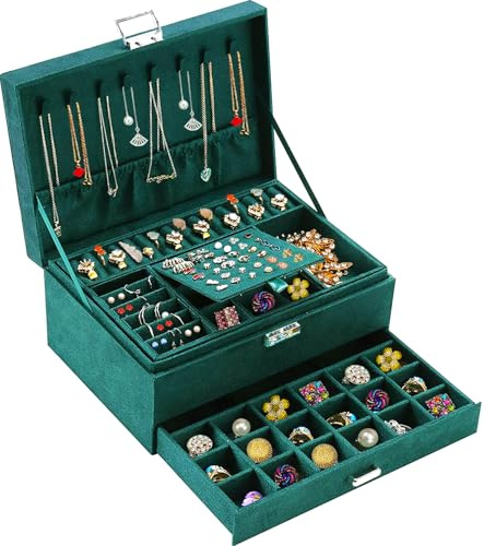 QBestry Jewelry Box for Women with Drawer, 3-Layer Large Jewelry Organizer with Lock & Key, 8 Necklace Hooks & 56 Earring Holes, Green Velvet Jewelry Storage Box for Necklaces Earrings Rings Bracelets