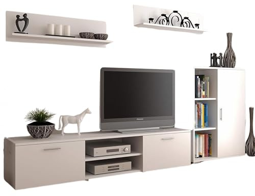 Per la vita Schrankwand Weiß Szopen – Modernes Regalwohnzimmer Set in Weiß - Möbel Modern mit integriertem Wohnzimmerschrank, TV Schrank, Sideboard & Wandregal