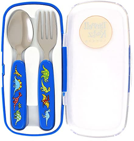 Tyrrell Katz Kids Dinosaurs Printed 2 Piece Cutlery Set in Blue with Case - Dishwasher Safe Flatware Children's Fork and Spoon - 15 x 8 x 2 cm
