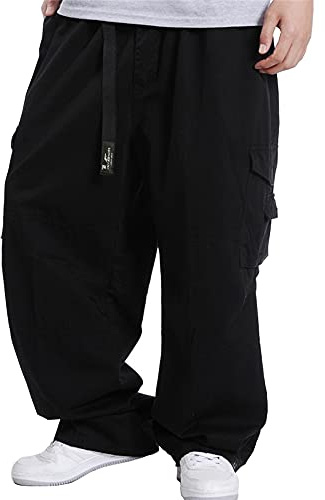 Kinghua Mens Baggy Cargo Pants Casual Loose Fit Elastic Waist Cotton Twill Cargo Pants (44, Black)