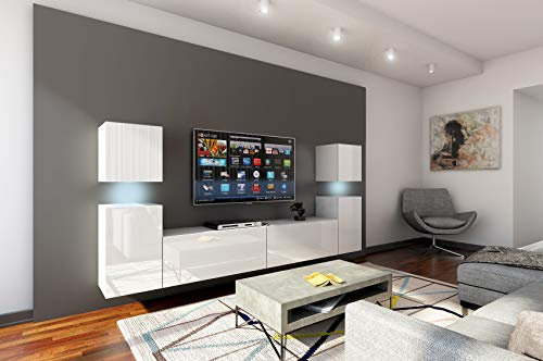 Furnitech Wohnwand Wohnzimmer - Wohnzimmer Möbel mit LED RGB - 16 Farben - Hängend Wohnwand Modern Schrankwand mit Regale und TV Schrank (Future 32/HG/W/2 1B)