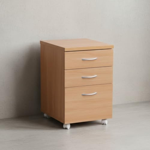 KADIMA DESIGN Moderner Büro Rollcontainer in Buche, 60 cm, mit 3 Schubladen, Elegante Aluminiumgriffe, praktische Rollen für leichte Beweglichkeit