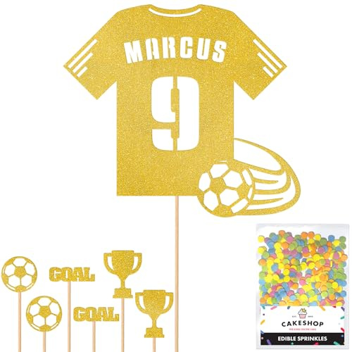 Personalised Birthday Football Kit Jersey Cake Topper- Gold Any Name & Age Number Glitter Cake Decoration and Sprinkles - Happy Birthday Decorations - Personalised Toppers for Cakes by Cakeshop