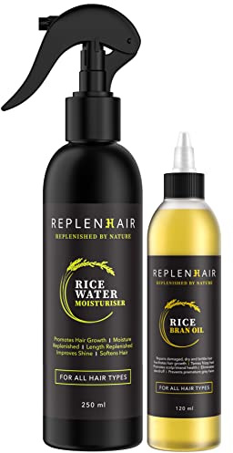 Replenhair Rice Water Natural Hair Growth Spray + Rice Bran Oil Bundle - Leave in Conditioner Spray Bottle - Nourishing Hair Care & Hair Conditioner for Enhanced Hair Growth & Hydration