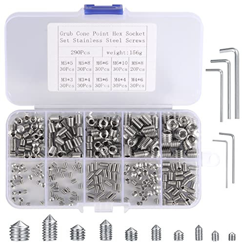 290 Viti a Punta Conica M3, M4, M5, M6, M8, Esagonali in Acciaio Inox A2 304 - Filettatura Metrica - Assortimento Con 5 Chiavi a Brugola per Maniglie Delle Porte