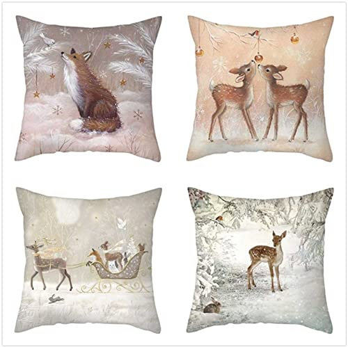 Tinnoon Kissenbezug 80x80cm 4er SetBoho Wohnzimmer Outdoor Deko, Schlafzimmer Zimmer Dekor Kissenhülle Kissenbezüge mit Verstecktem Reißverschluss, Couchkissen, Sofakissen Weinachten Füchse Hirsch