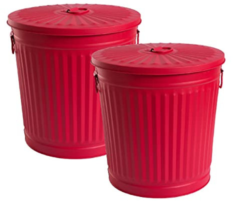 Jinfa 2 Sets Retrodesign Mülleimer mit Deckel | Rot | Ø 29 cm, Höhe 31,5 cm, 18 Liter