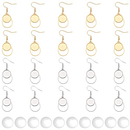 DICOSMETIC 20 Stück Ohrring Blank Draht Haken Mit 20 Stück Glas Cabochons Blank 2 Farben Baumeln Runde Tabletts Basis Cabochon Fassung Ohrring Haken Für DIY Ohrring Schmuckherstellung Handwerk