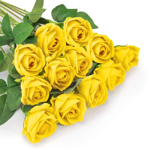 OWLKELA 12 PCS Artificial Roses, Fake Flannel Flowers, Yellow