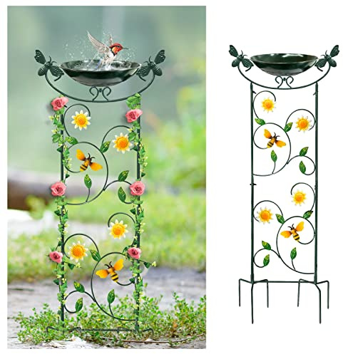 HONGLAND Spaljé fågelbad för utomhusbruk, 102 cm höjd trädgård växt spaljé fågelmatare, bakgård vintage dekor, fågelbadskål kan paras ihop solfontänpump, trädgårdsdekorationer bi