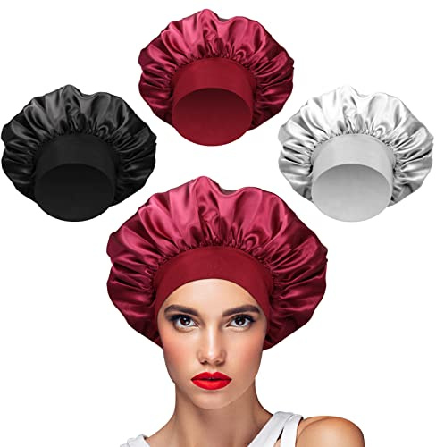 Skaaisont 3pcs Bonnet Satin Cheveux Nuit Bonnet de Nuit Bonnet Soie Cheveux Nuit pour Dormir Soin des Cheveux Lavage du Visage Soin de la Peau Masque Spa Femmes (Rouge Noir Gris) Taille unique