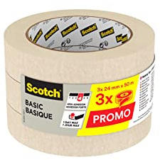 Scotch Basic Ruban de masquage, 24 mm x 50 m, 3 unités/paquet