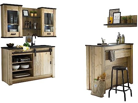 Furn.Design Küche mit Theke Used Wood hell Holz und anthrazit/grau Küchenschrank komplett Set 6-teilig Kücheneinrichtung Landhaus mit Scheunentorbeschlag (Set2 6 teilig ohne Beleuchtung)