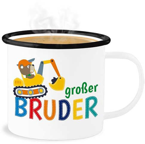 Emaille Becher Blechbecher - Tassen - Großer Bruder Bagger I Großer Geschenk Grosser Bruder - 300 ml - Weiß Schwarz - tasse geburt big brother bro blech für großen große