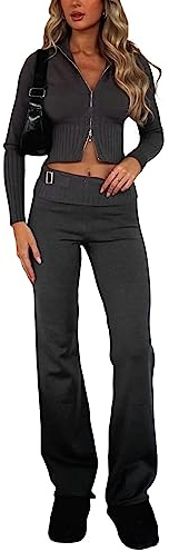 PDYLZWZY Conjunto de jersey para mujer, con cremallera en la capucha, parte superior y pierna ancha a la cadera, pantalones ajustados, conjuntos de salón, Gris oscuro., M