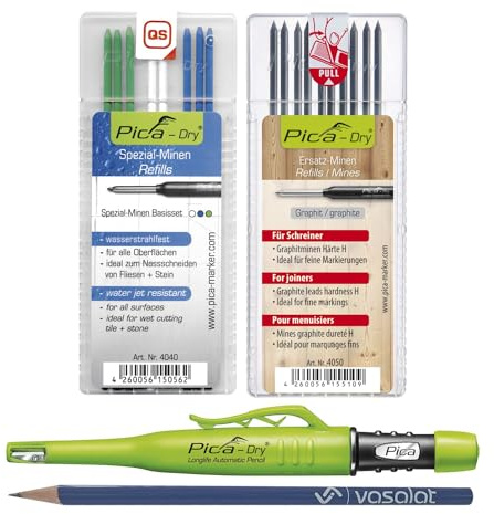 Pica - Juego de rotuladores Pica Dry para agujeros profundos + 10 minas de repuesto dureza H + 8 minas de repuesto resistentes al agua en azul/blanco/verde