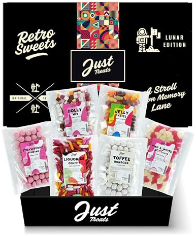 Just Treats Lunar Sweet Six Chewy Hamper - Strawberry Bonbons, Dolly Mixture, Jelly Babies, Jelly Pink & White Love Hearts, Liquorice Comfits and Toffee Bonbons (3,7,16,18,22,28)