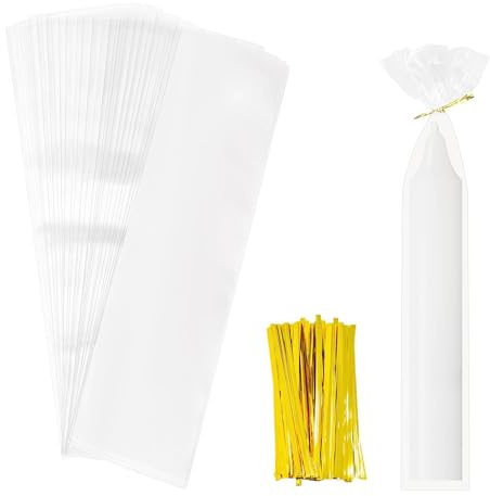 100 Stück Süßigkeiten Tütchen,TACHIO 5x25cm Cone Tüten Durchsichtig Bonbon Tüten Cellophantüten Geschenktüten mit 100 Bindestreifen Geschenktasche für Schokolade