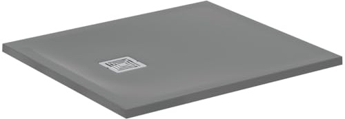 Ideal Standard - Ultra Flat S+, Plato de ducha rectangular ultrafino de resina efecto piedra, 90 x 80 cm, Ideal Solid, desagüe lado corto, gris cemento