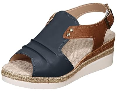 Sandales compensées pour femme - Espadrilles en cuir pour femme - Bout ouvert - Sangle de cheville - Décontractées - Élégantes - Pour l'été - Plate-forme - Sandales à enfiler - Talons compensés, 40 EU
