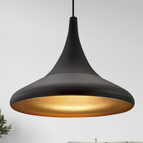 bamyum Hängelampe Paladin Schwarz Gold Metall Ø35cm, Pendelleuchte Lampenschirm Esstisch Wohnzimmer Industrial Vintage, Küchenlampe Hängend