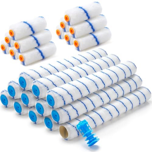Jinei 24 Pack 18 Inch 4 Inch Paint Roller Covers 3/8 Nap Roller Covers Large Paint Roller Sleeves Microfiber Wide and Small Paint Rollers Blue Paint Roller Kit for Wall Ceiling Floor